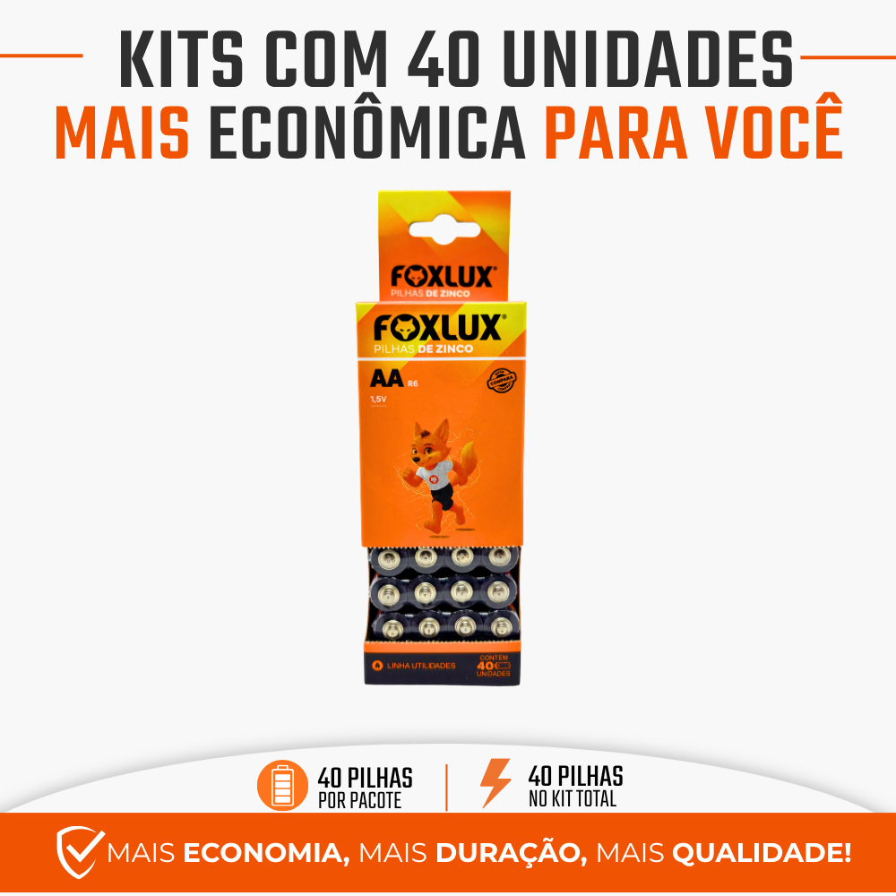 Pilha Zinco AA Pequena Foxlux 1,5V R6 Kit com 40