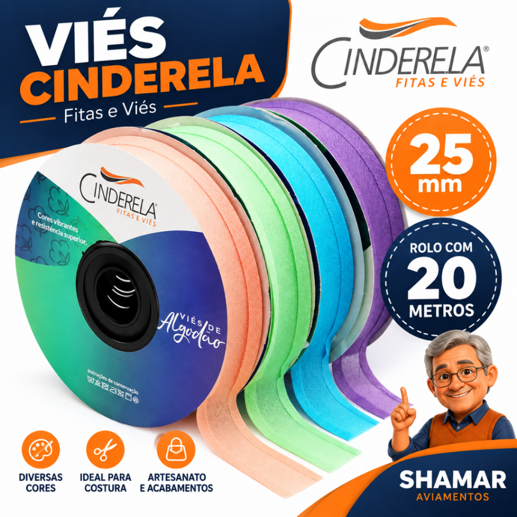 Viés de Algodão Cinderela 25mm Rolo 20 Metros para Costura e Artesanato