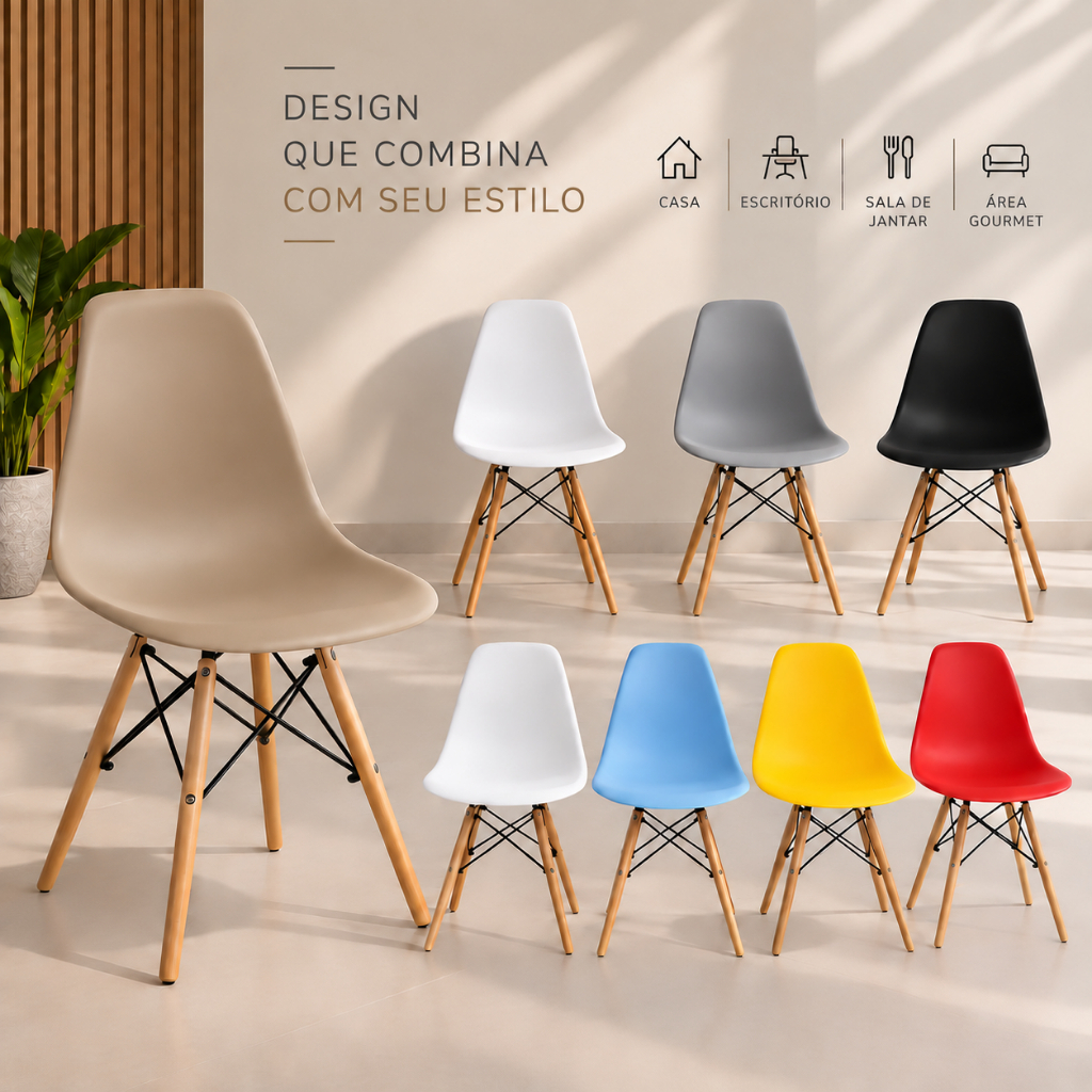 Cadeira Eiffel Pés de Madeira Casa Escritorio Design Moderno Várias Cores
