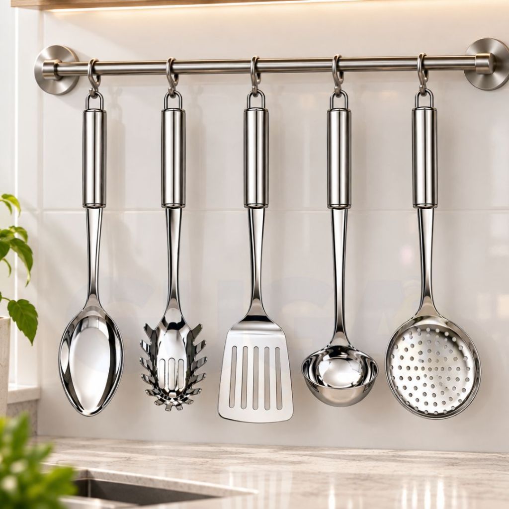 Kit Utensílios de Cozinha Inox Concha Pegador de Massa Espátula Vazada Colher de Arroz Escumadeira