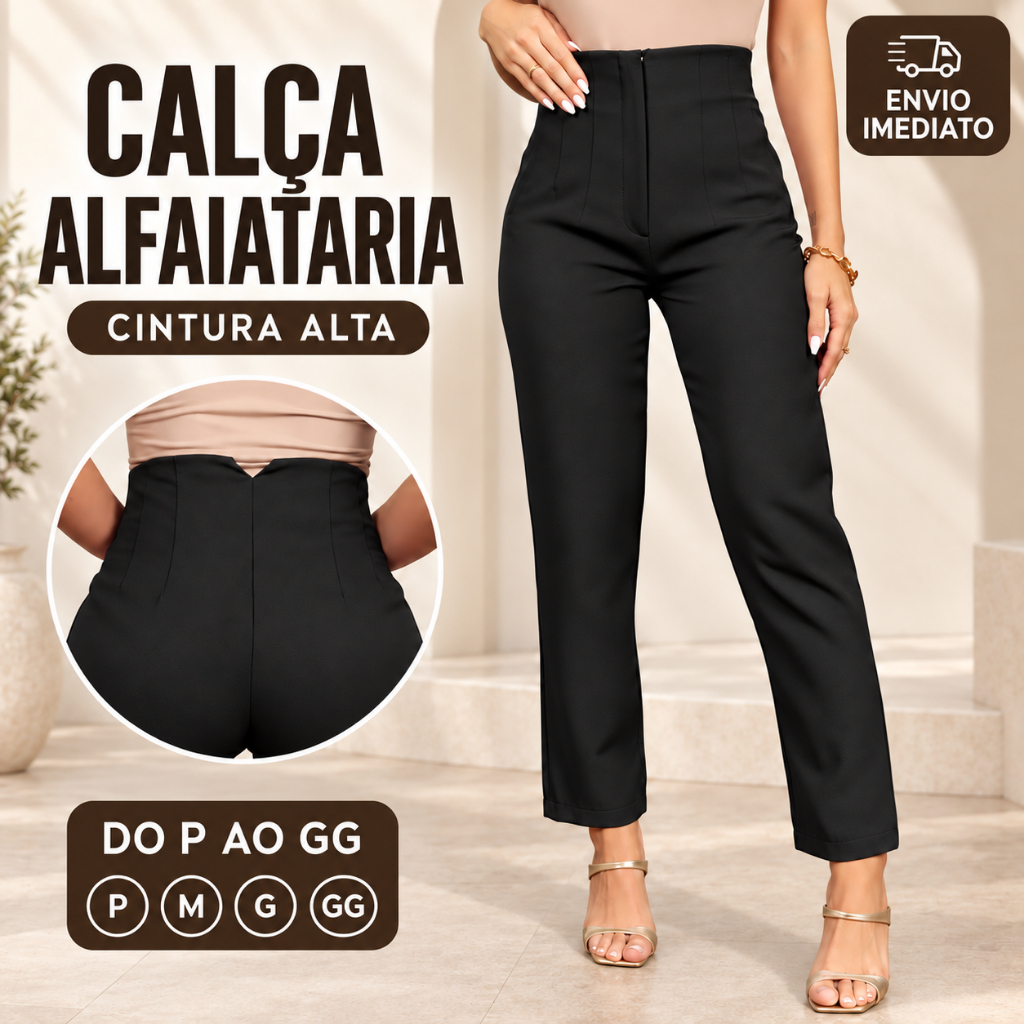 Calça Alfaiataria Feminina Cintura Alta Com Zíper Social Slim Elegante Social Empresária Blogueira