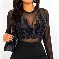 Body Feminino Tule com Lurex Brilho Manga Longa Transparente Tamanho Único
