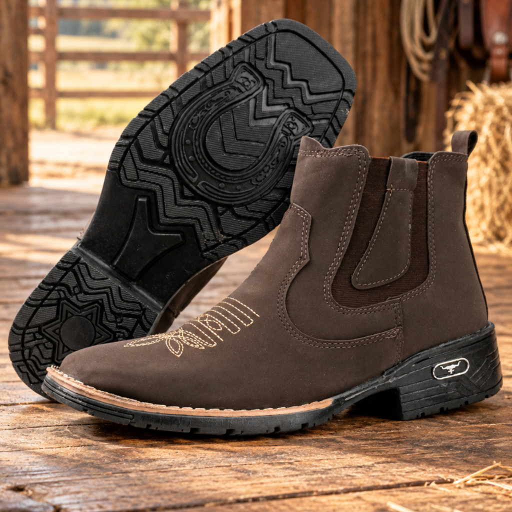 Botina Bota Texana Country Masculina Bico Quadrado Bordado Western Confortável Resistente