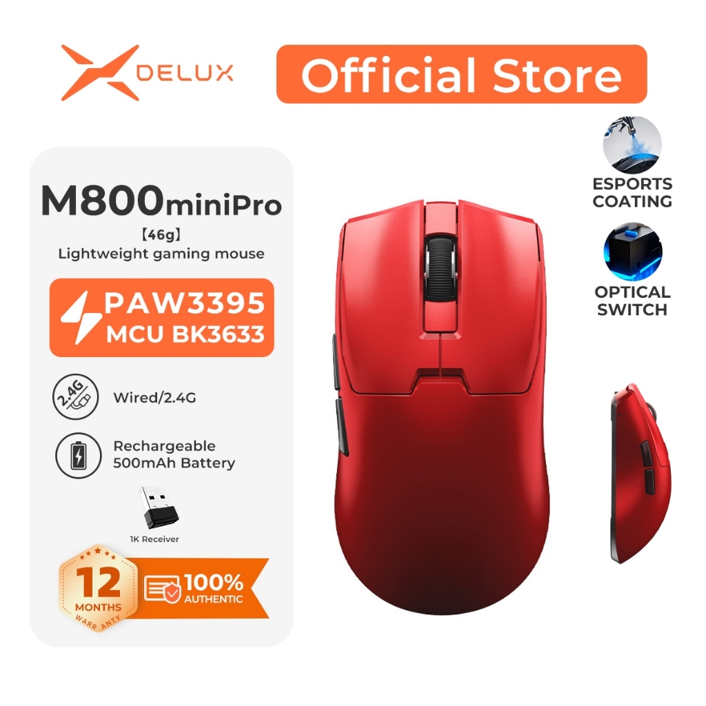 DELUX M800Mini Pro Mouse Gamer Sem Fio 46g – PAW3395, 8K Wireless, 26000 DPI, Ergonômico para Mãos Pequenas