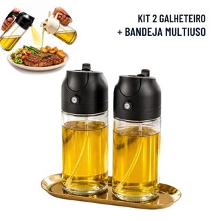Galheteiro de Vinagre Azeite Óleo Borrifador Spray 2 em 1 Vidro 500ml Dosador Cozinha + Bandeja de aço inox Dourada