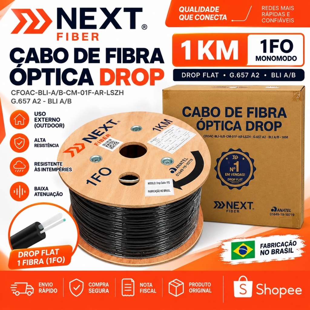Cabo Drop Fibra Óptica 1FO 1 Km Preto NEXT- Externo (Outdoor)