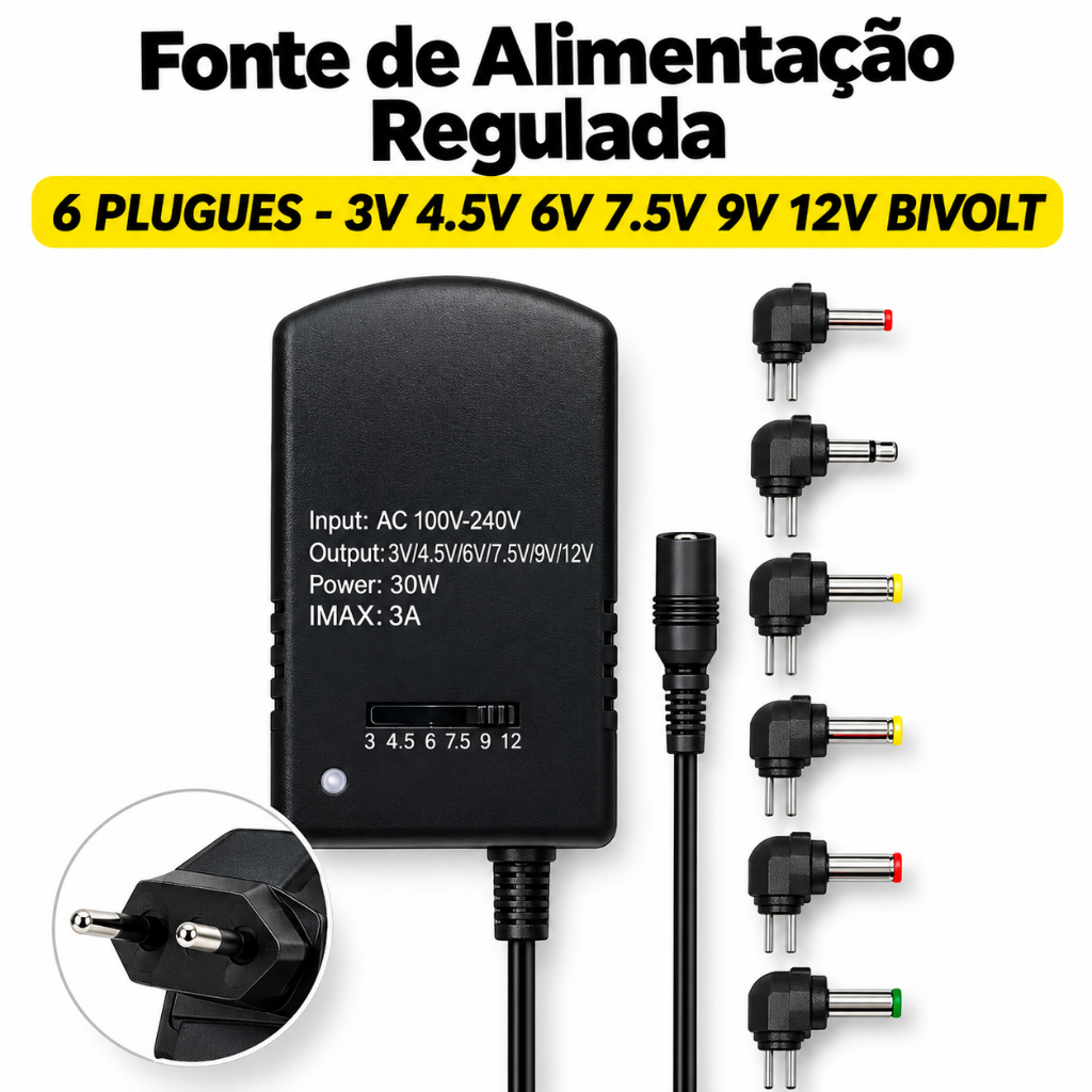 Fonte Alimentação Universal Regulada 3v 4.5v 6v 7.5v 9v 12v Bivolt 6 Plugues