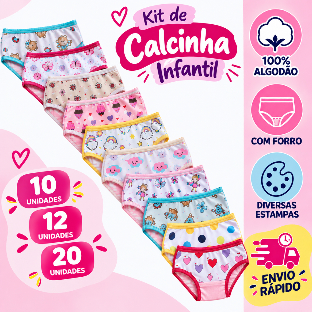 Kit 10,12 ou 20 calcinha 100% algodão infantil menina diversas estampas c forro e lateral larga excelente para desfralde