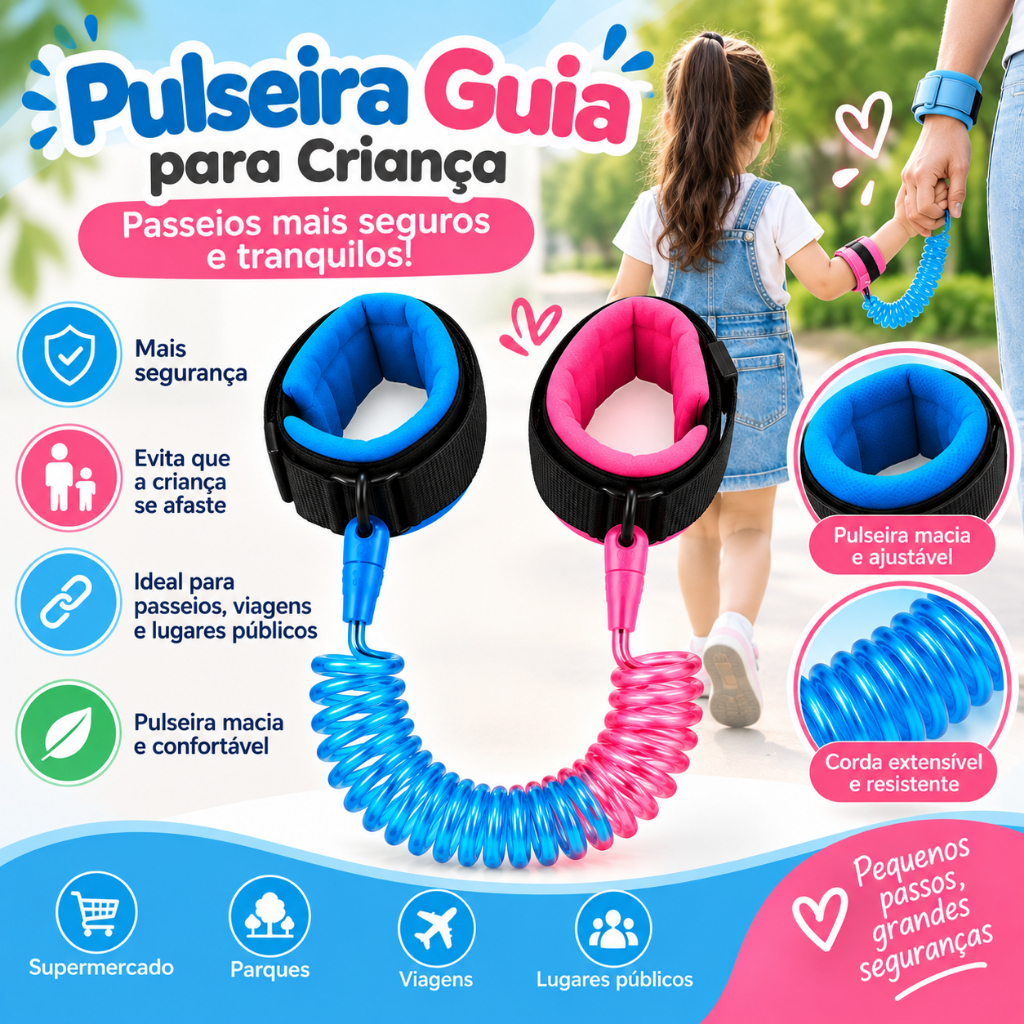 Pulseira Guia Infantil Criança com Chave de Segurança, Rédeas Coleira Anti-Fuga para Passeios 1,5m