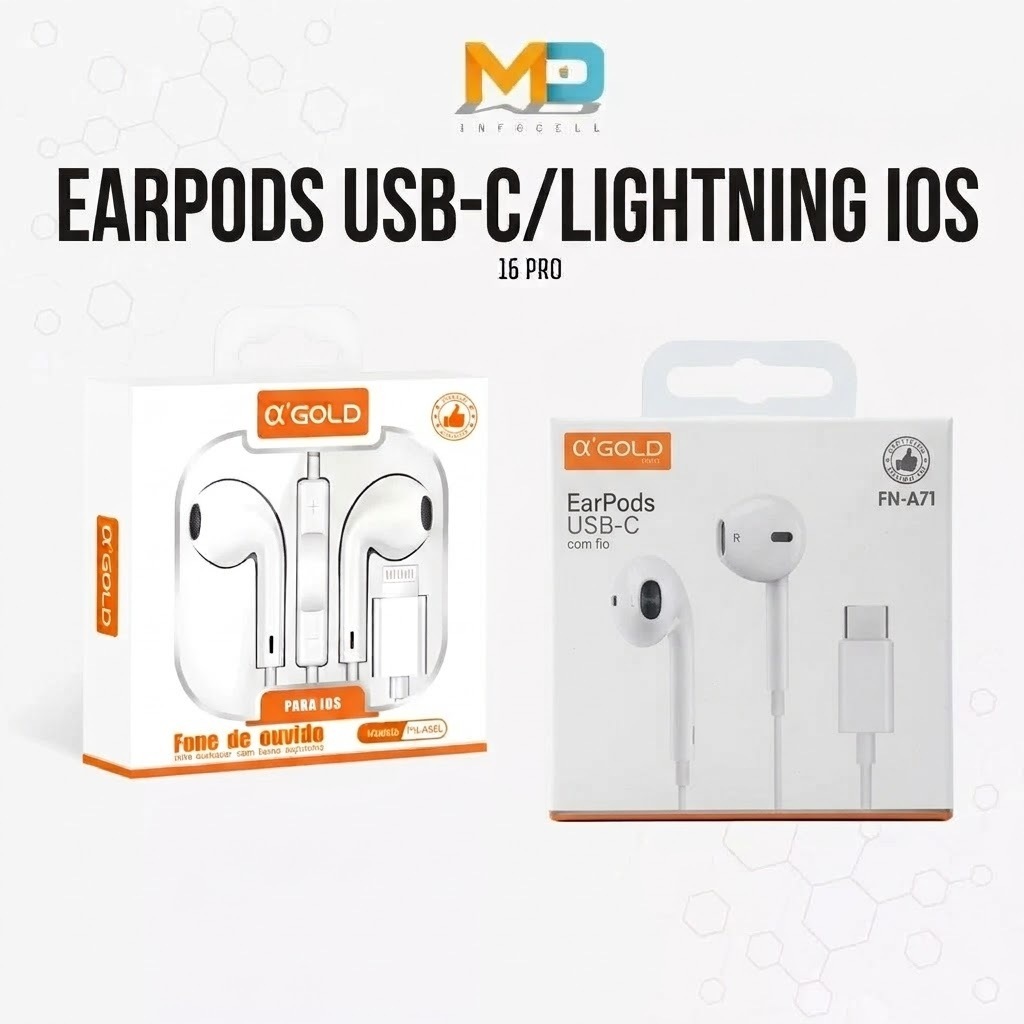 Fone de Ouvido Com Fio USB C Tipo C Lightning A'Gold Com Microfone e Controle de Volume iPhone Samsung Android
