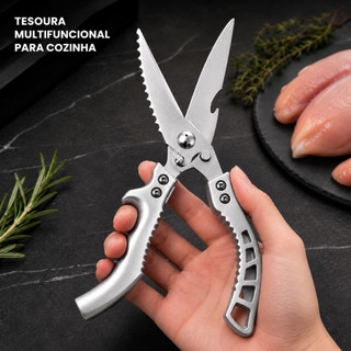 Tesoura Multifuncional de Cozinha Aço Inox Integral para Cortar Frango Ossos Carnes e Peixes no Preparo de Refeições