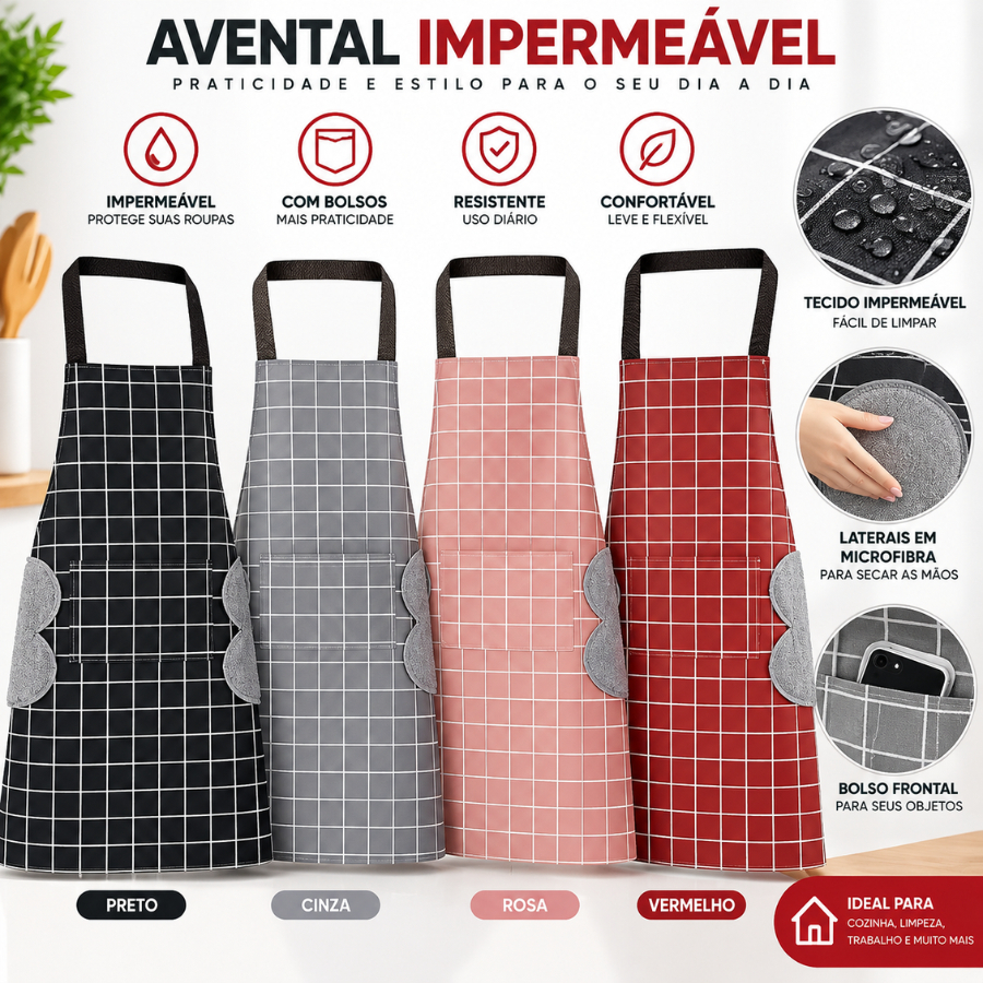 Avental de Cozinha Impermeável com Bolsos e Laterais para Secar as Mãos – Preto Cinza Rosa e Vermelho