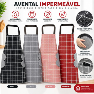 Avental de Cozinha Impermeável com Bolsos e Laterais para Secar as Mãos – Preto Cinza Rosa e Vermelho