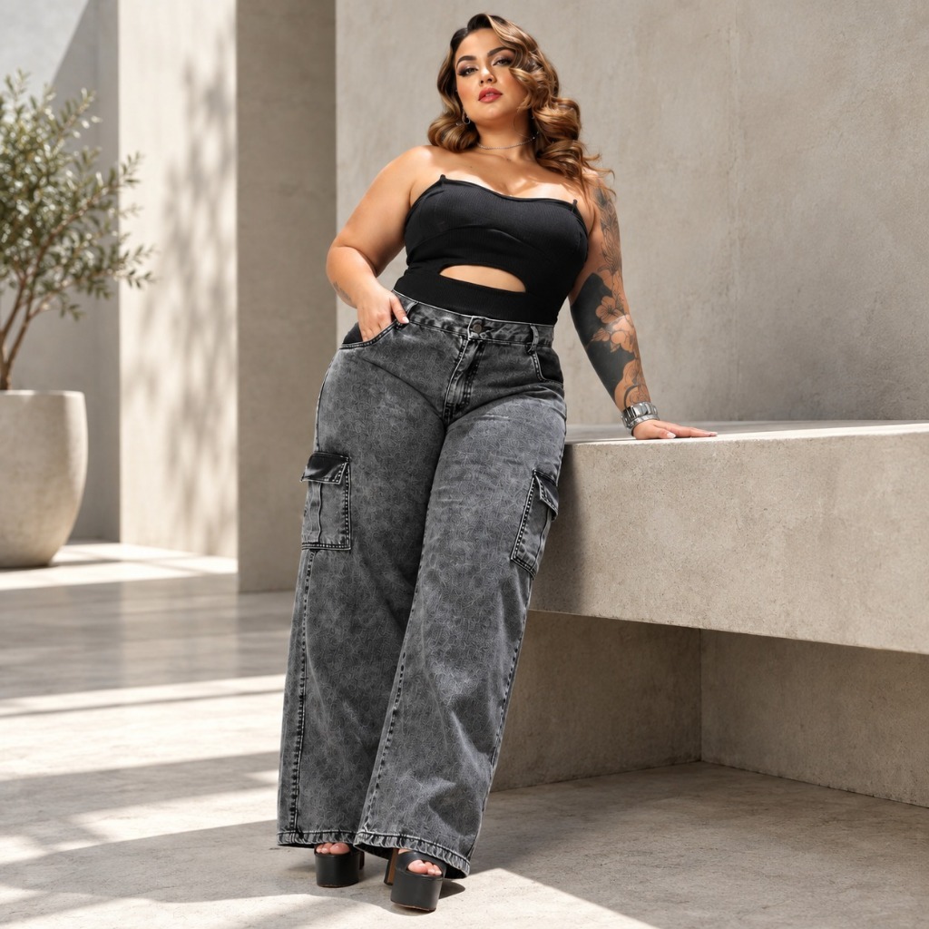 Calça Feminina Wide Leg Jeans Plus Size Preta Cargo Premium Confortavel