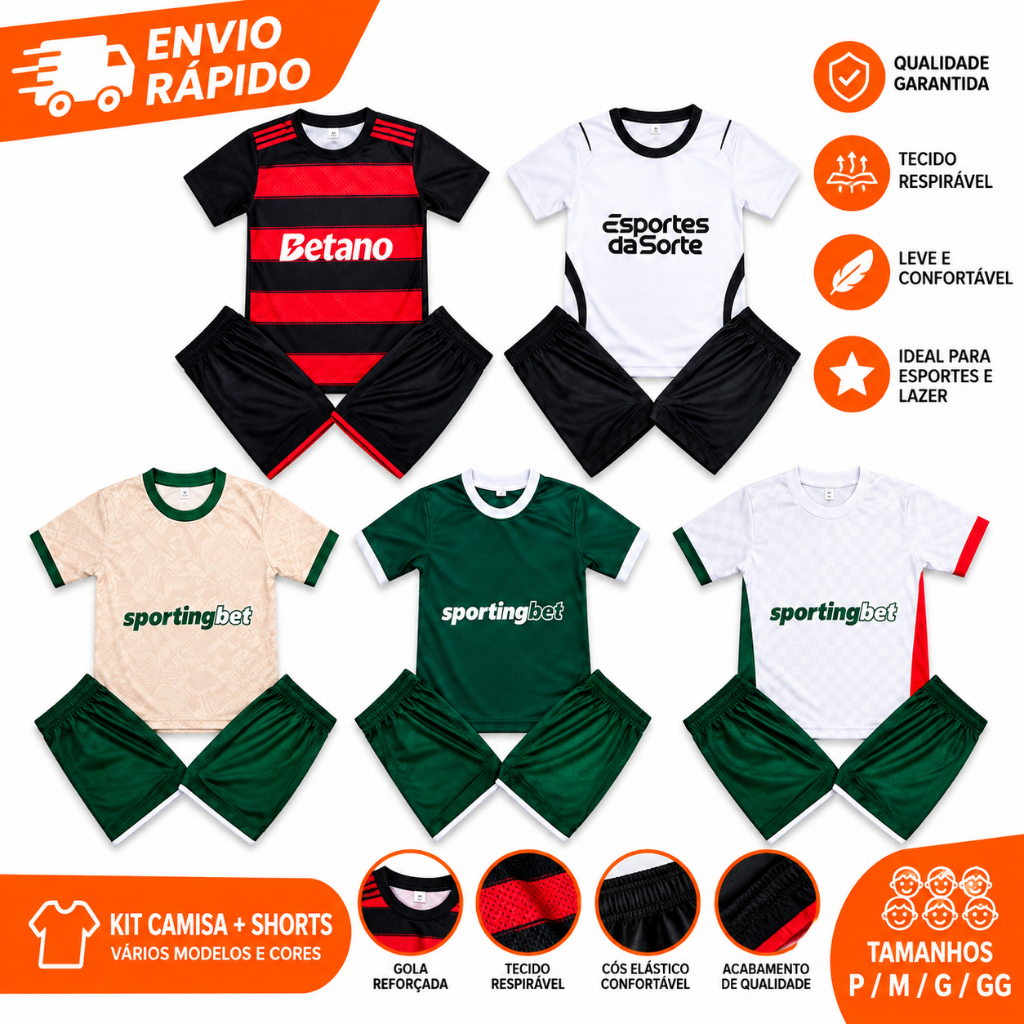 Conjunto Infantil Esportivo Camiseta + Short Futebol Casual Confortável Respirável Criança Diversas Cores e Tamanho