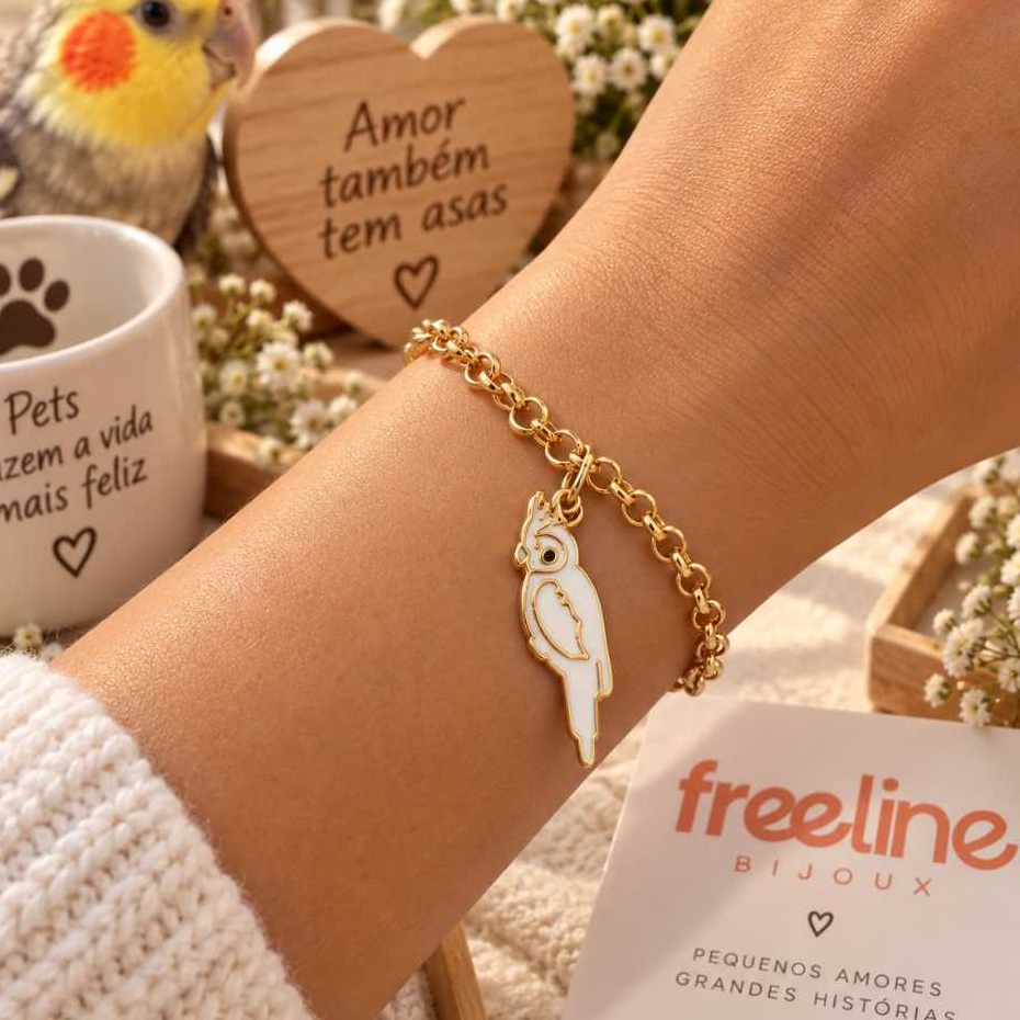 Pulseira de Calopsita Resinado e com corrente| Linha Pet | Banho ouro 18K e Prata 925