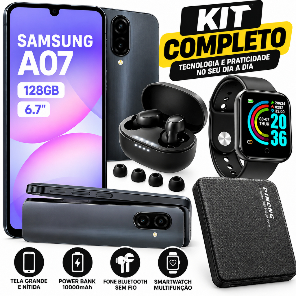 Samsung Galaxy A07 128GB Original + Power Bank 10000mAh + Fone Bluetooth + Smartwatch