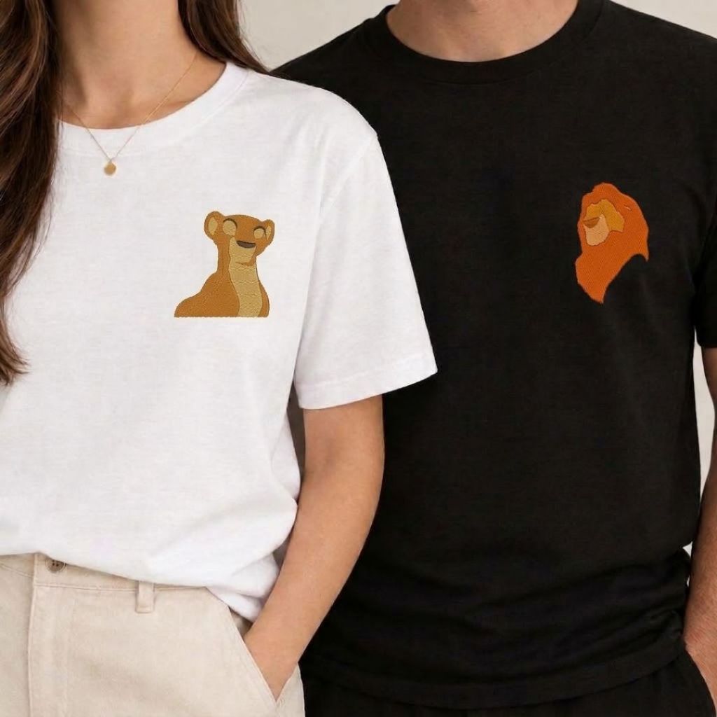 Kit 2 Camisetas Casal Simba e Nala Desenho Leão Algodão Camiseta Bordada Casal