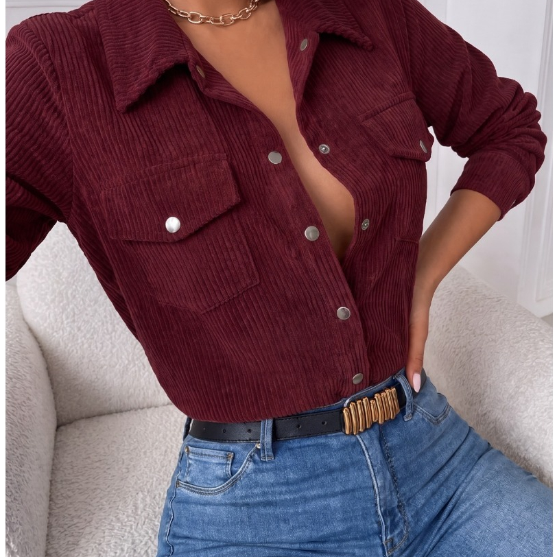 Camisa Feminina Veludo Cotelê Manga Longa Botões Moda Casual Inverno