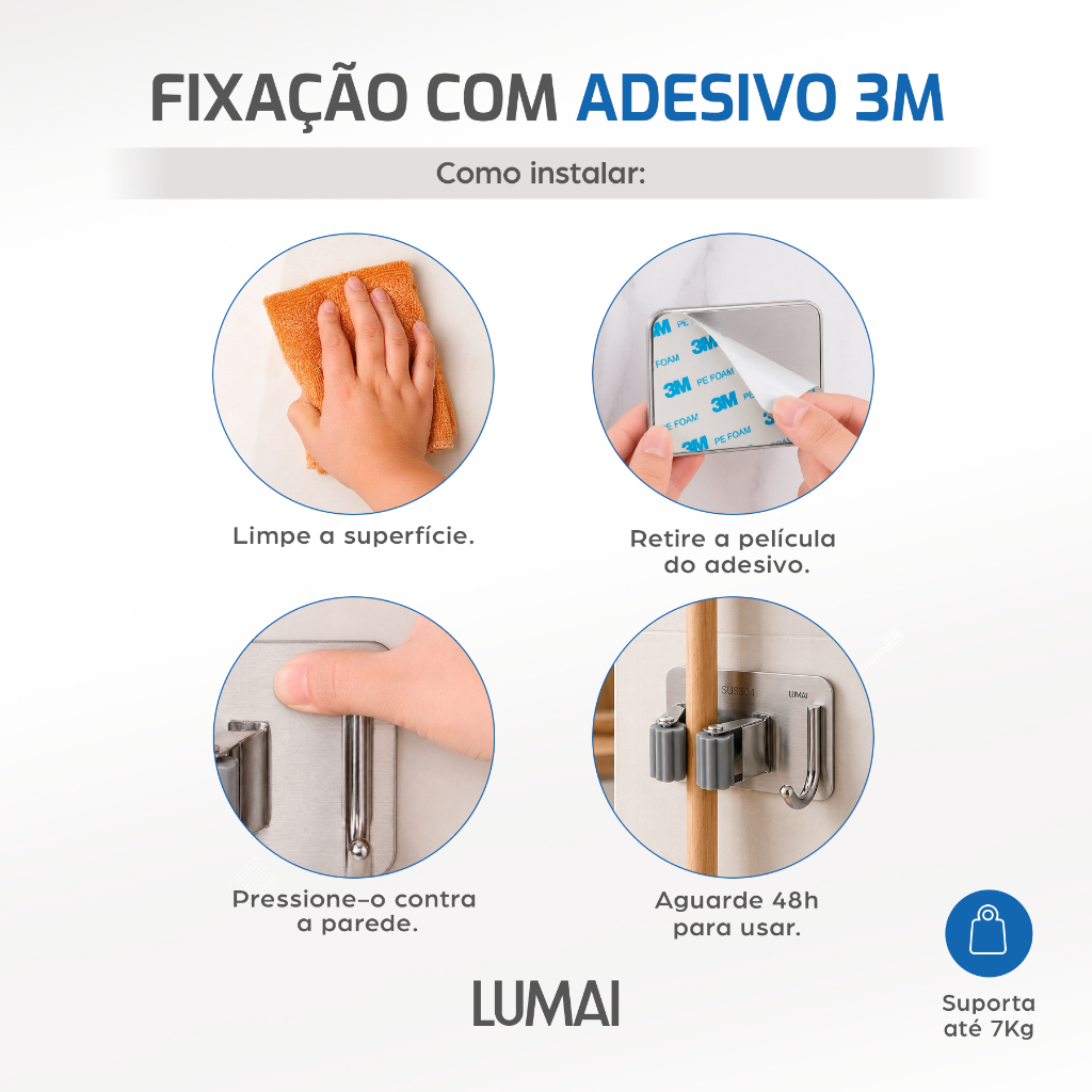 Lumai Suporte Vassoura Inox 304 Sem Furos Adesivo 3M Gancho Parede Organizador Individual · foto 2