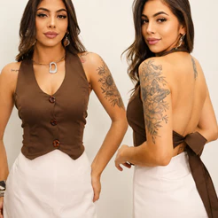 CROPPED COLETE HALTER FEMININA TOP, BLUSA, ALFAIATARIA, FRENTE UNICA, CORTE VU,COM AMARRAÇAO NAS COSTAS