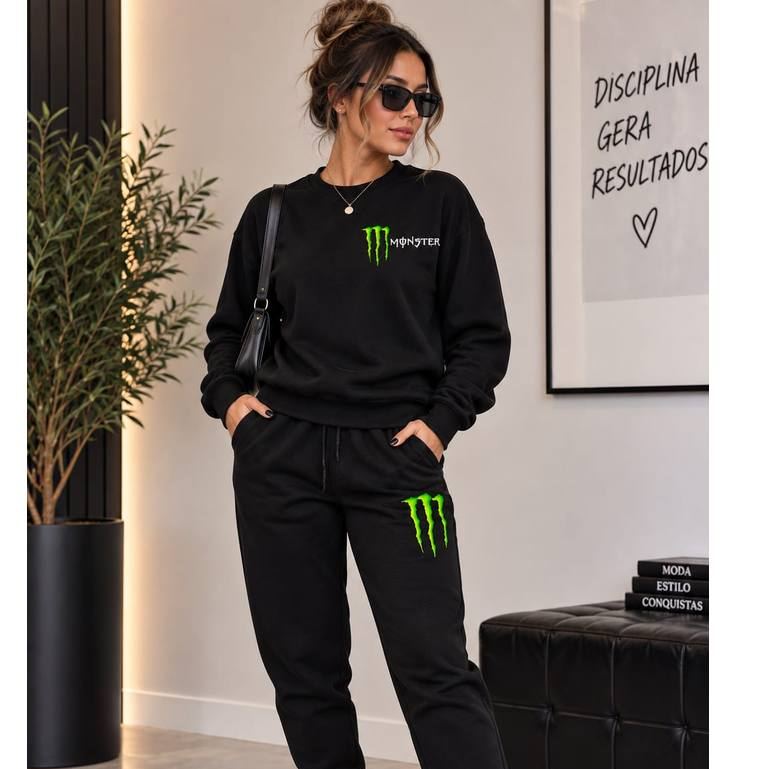 Conjunto Moletom Monster Blusa Feminina Agasalho Flanelado Blusa Estilosa Caport Inverno Masculino Algodão Confortável