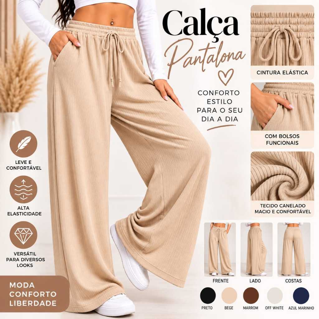 Calça Pantalona Canelada Feminina Cintura Alta com Cordão Confortável Casual do P ao G2 Plus Size