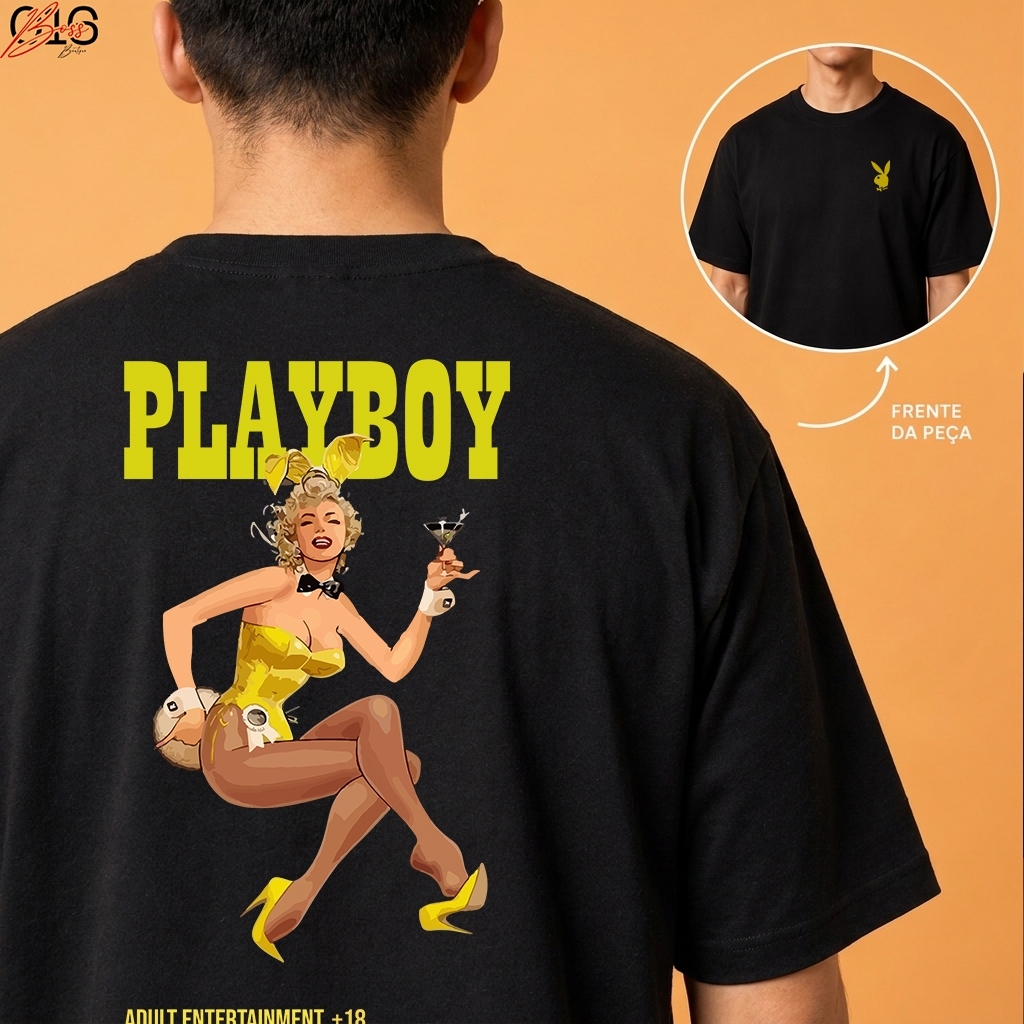 Camiseta Playboy Estampada Preta Unissex Streetwear Vintage Moda Urbana Coelho