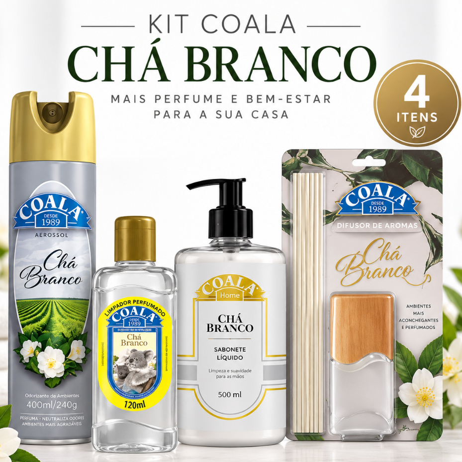 Kit Coala Chá Branco 4 Itens Difusor 100ml Aerosol 400ml Limpador Perfumado 120ml Sabonete 500ml
