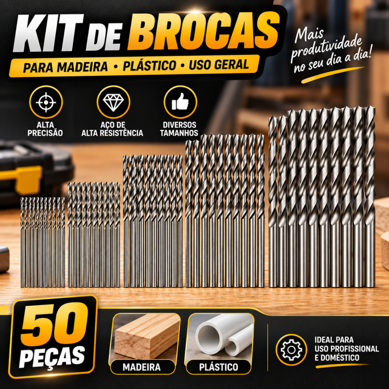 Kit 50 Brocas HSS Revestidas em Titânio 1 1,5 2 2,5 e 3mm para Furadeira Metal Madeira Plástico