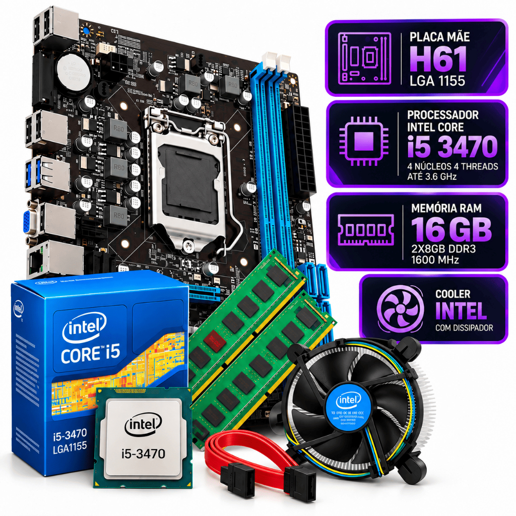 Kit PC Gamer I5 3470 H61 LGA 1155 16GB DDR3 1600MHz Placa Mae Video Integrado Pronto Para Uso