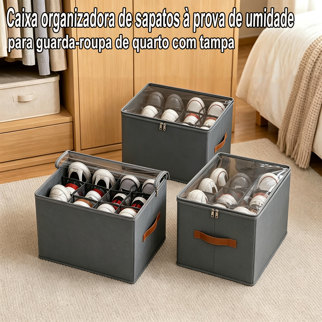 Caixa De Sapato Dobrável Cinza 6 Pares Tampa Transparente E Divisórias 43x32x30cm