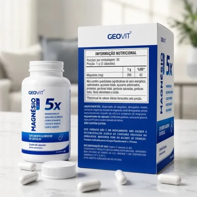 Magnésio 5X Geovit 500mg 60 Cápsulas | 5 Formas de Magnésio | Alta Absorção