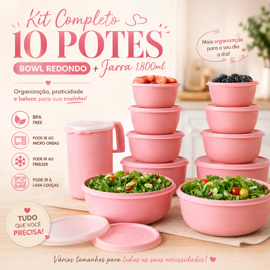 Kit 10 Potes Plástico Bowl Redondo + Jarra 1.800ml