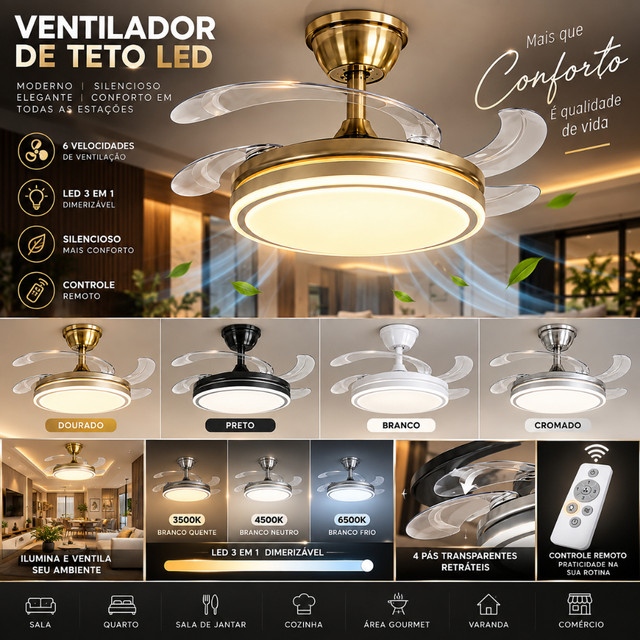 Ventilador de Teto Plafon LED Com Ventilador 4 Pás Retrateis Ultra Silencioso Moderno com Controle