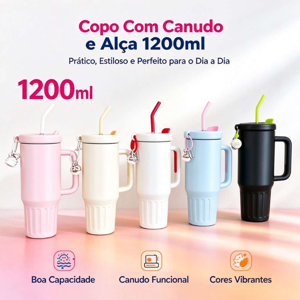 Copo Térmico Inox Portátil 1200ml Garrafa Térmica Inoxidável com Tampa e Canudo Inox  35