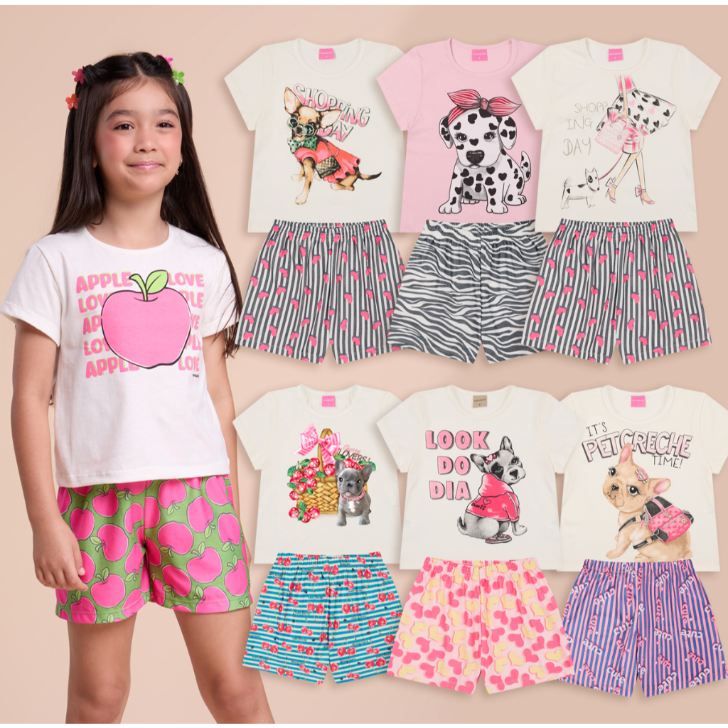 Kit Sortido 10 Peças de Roupas Infantil Menina 5 Camisetas Algodão + 5 Bermudas -Composto 5 Conjuntos Infantil Menina