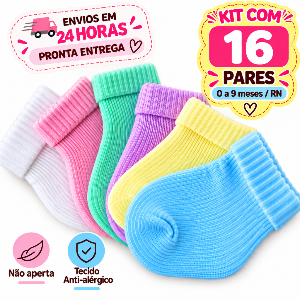 kit 16 pares de meias Rn Recém Nascido Saída Maternidade Enxoval Menina Menino Neutro Unissex