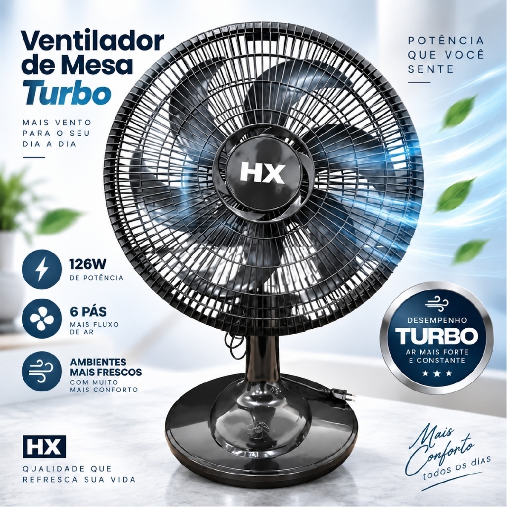 Ventilador de Mesa Turbo 40Cm Portátil 126W Com 3 Velocidades 6 Pás Super Silencioso Oscilante