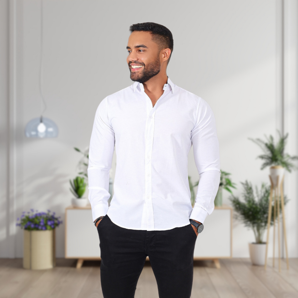 Camisa social manga longa masculina slim fit não amassa lisa sem bolso