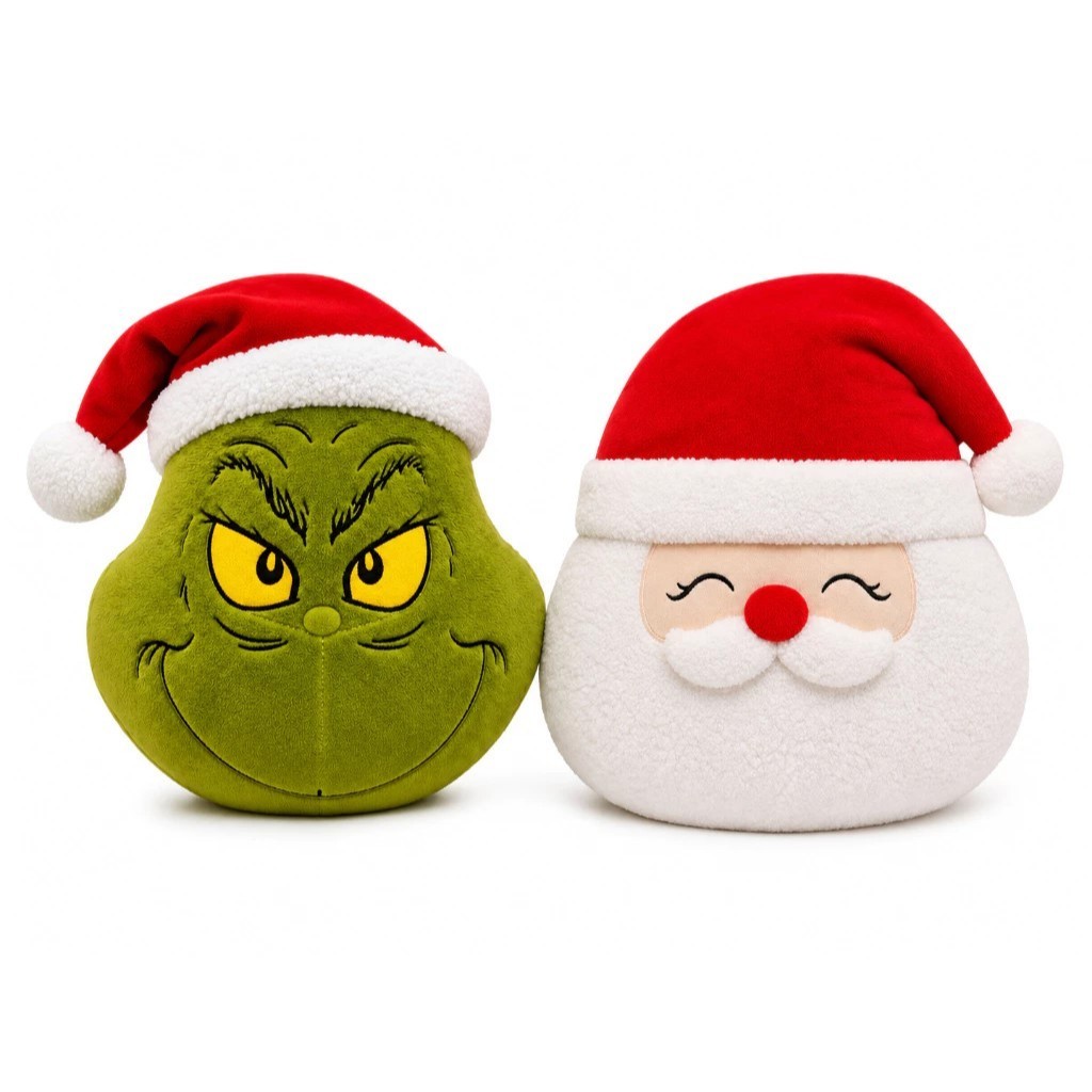 Kit 2 Almofadas Natalinas Grinch e Papai Noel Pelúcia 30cm Decoração de Natal