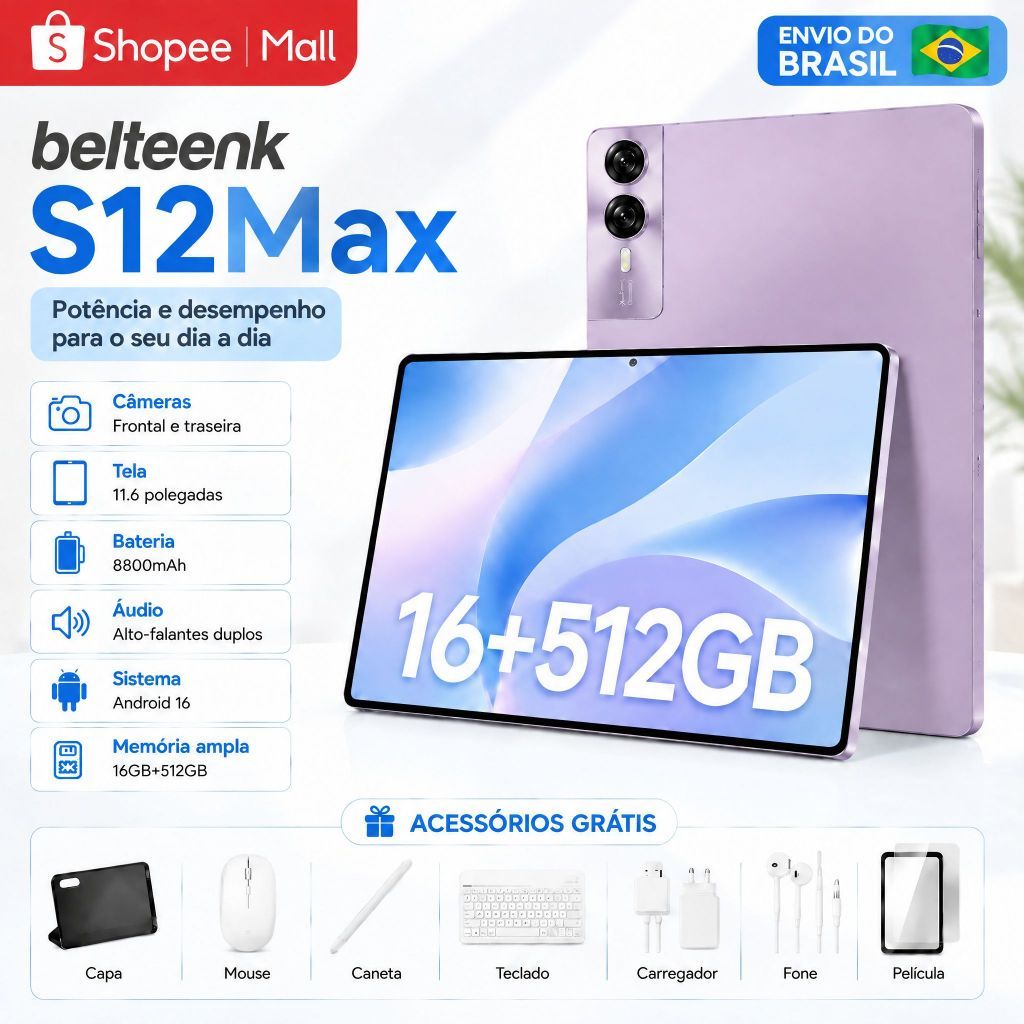 belteenk Tablet S12Max Tablet 11,6"Tela IPS 90Hz 16GB+512GB Tablet 5G Tablet Android16 Kit Presente de Natal