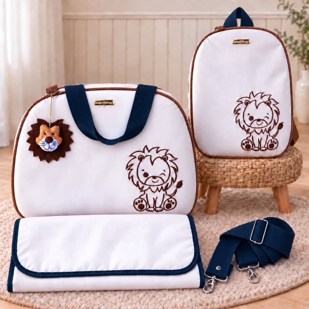 Kit Bolsa Maternidade Térmica 3 Peças Leãozinho Com Mochila Impermeável E Trocador