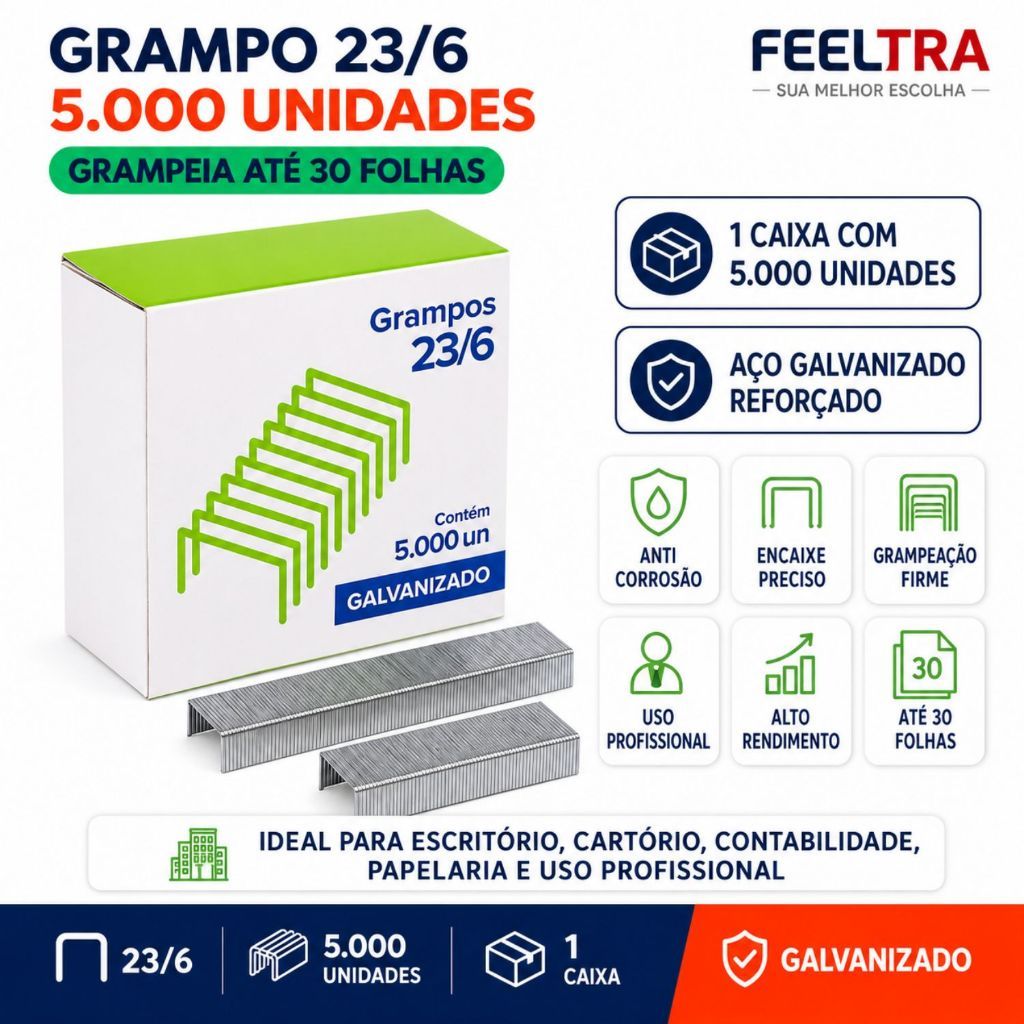 Caixa 5000 Grampo 23/6 Aço Galvanizado Prata Reforçado Grampeia 30 Folhas Para Grampeador Alta Capacidade Não Enferruja