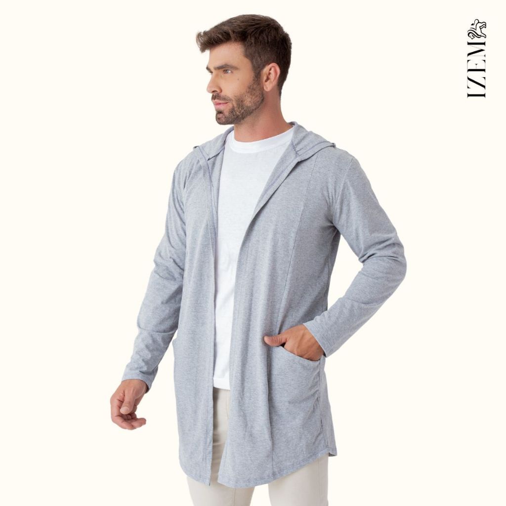 Cardigan Masculino Sobretudo Blazer Estiloso Comprido Casaco Longo com Capuz