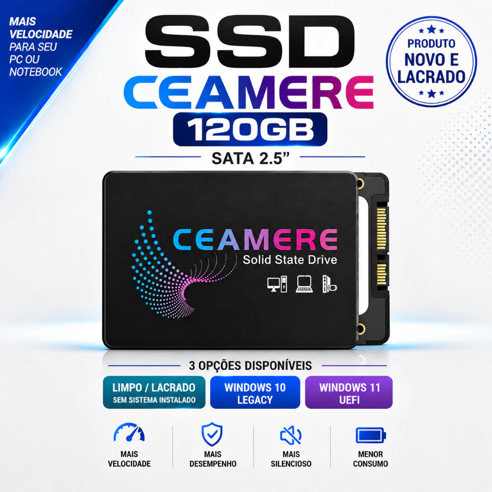 SSD 120GB SATA 3 2.5" Ceamere para Notebook e PC Desktop com ou sem Windows
