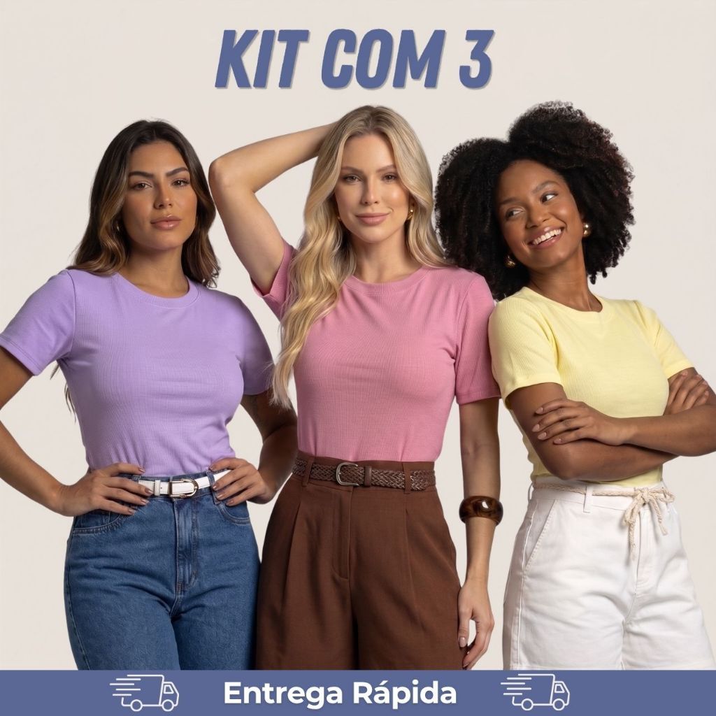 Kit 3 Blusa Feminina Ribana Canelada Lisa com Elastano Manga Curta Básica Gola Redonda Alongada
