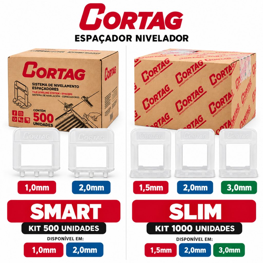 Kit 500/1000un Espaçador Nivelador Cortag Smart e Slim Para Porcelanato Pisos e Revestimentos | 1,0mm 1,5mm 2,0mm 3,0mm
