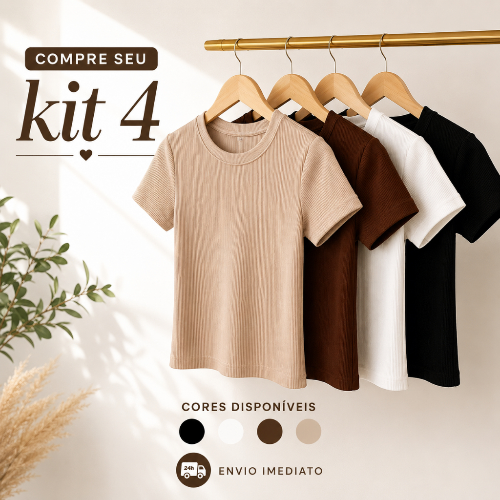 Kit 4 Blusas Femininas Ribana Canelada Baby Look Manga Curta Gola Redonda Básica Casual