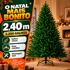 Arvore de Natal 2,40 Metros 2200 Galhos Folhagem Cheia Grande Pinheiro Tradicional Verde Vibrante Suporte de Ferro